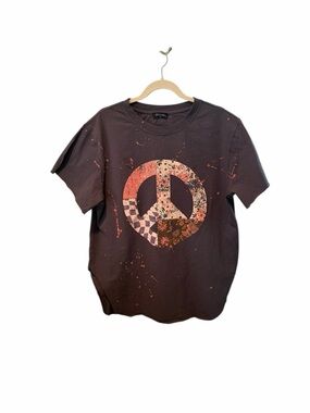 Zutter Dark Gray Distressed Peace Sign and Paint Splatter Graphic Oversized Tee